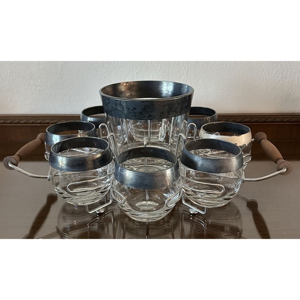 Dorothy Thorpe Barware 8 Roly Poly Glasses Set Ice Bucket Caddy Silver Fade 50s